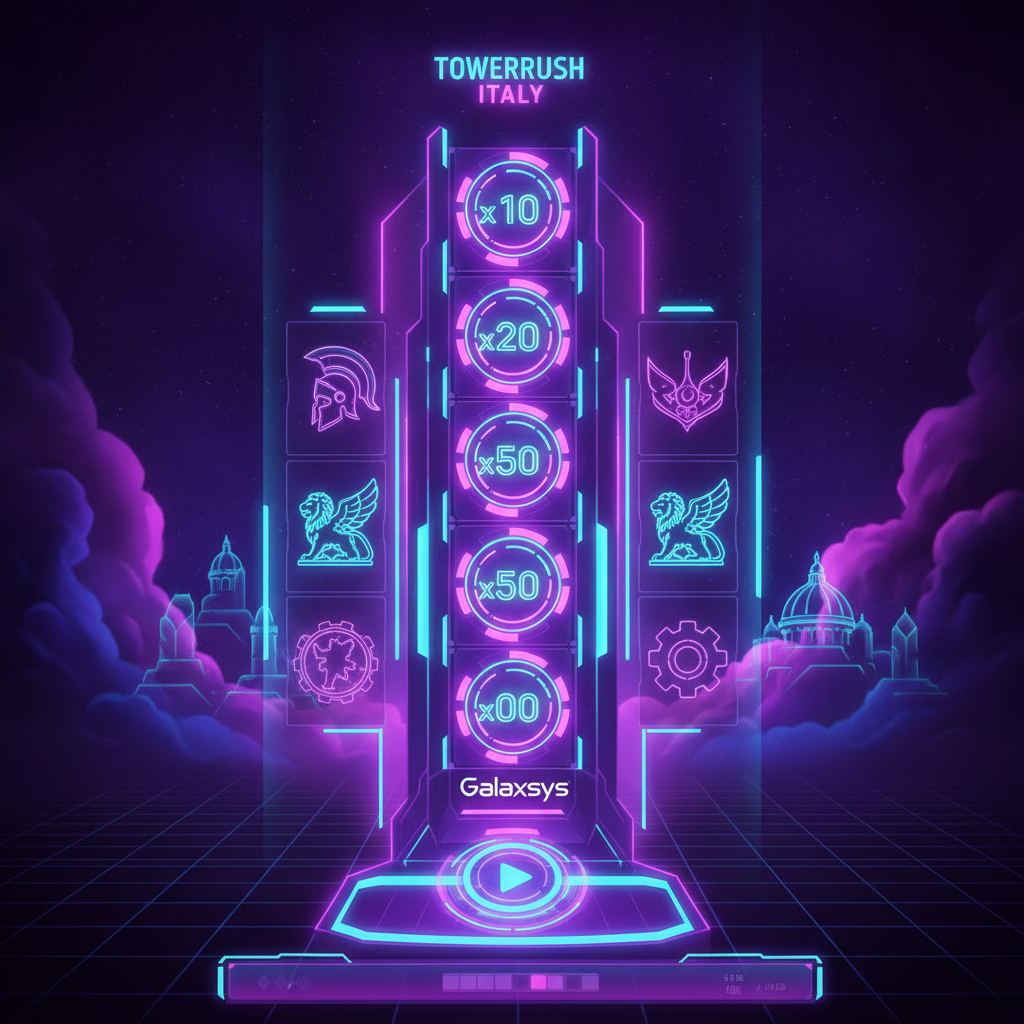 Tower Rush slot machine di Galaxsys con torre verticale illuminata al neon, moltiplicatori progressivi fino a x100, design futuristico viola e ciano
